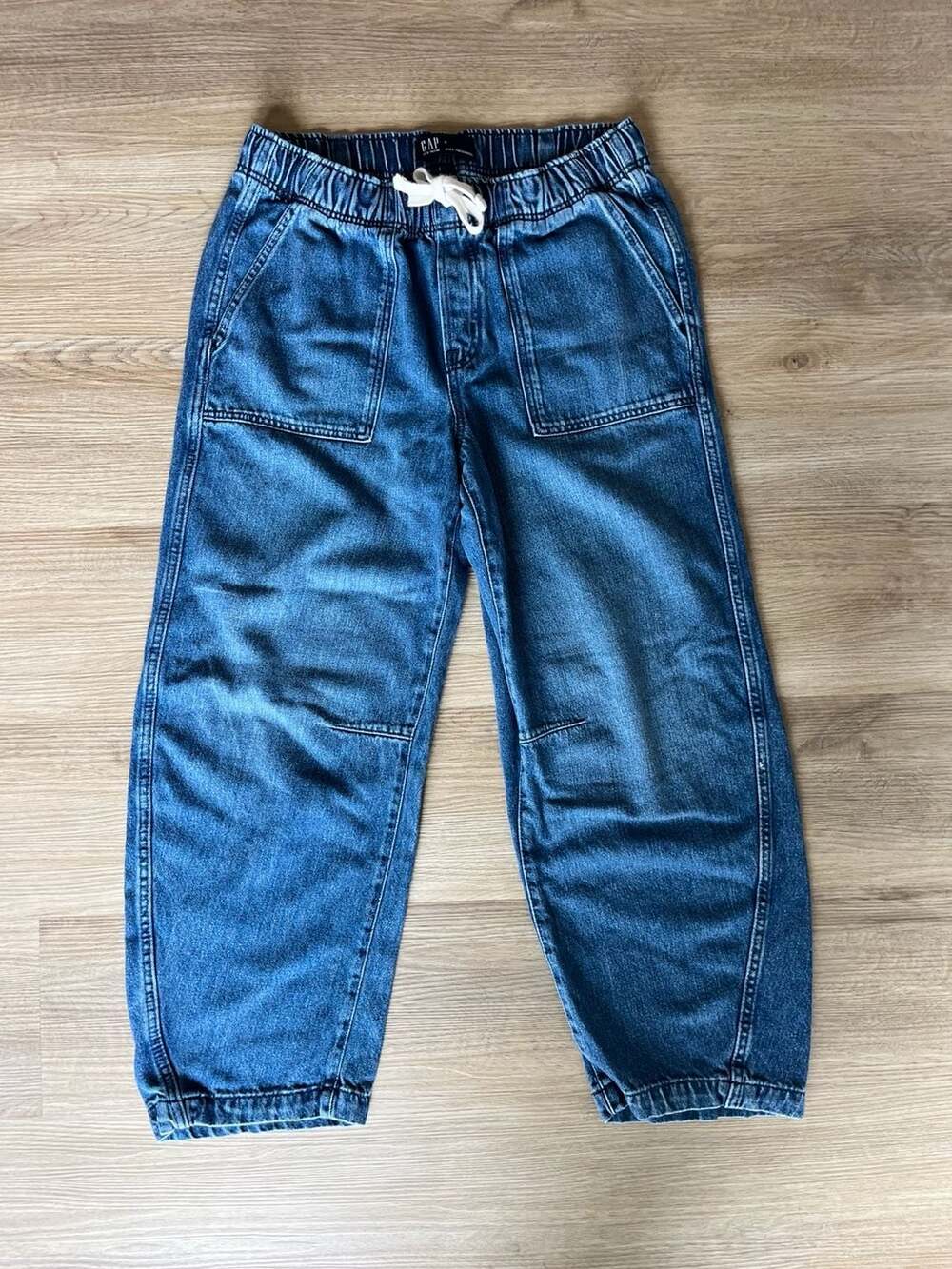 Gap, Pull-On Barrel Jeans, Stretchy, Blue Denim, Drawstring Elastic Waist, Small